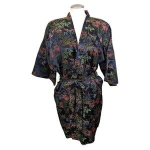 Vintage Womens OS Oriental Silk Floral Kimono Robe Black Pagoda Flowers Belted